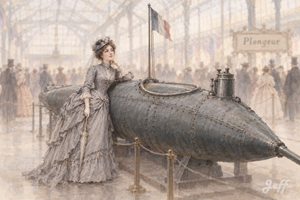 museejulesverne,nantes,pinup,pinupart,vintagepinup,glamourart,digitalart,aiart,classiccar,vintagevehicle,automotive,motorheritage,submarine,nautilus